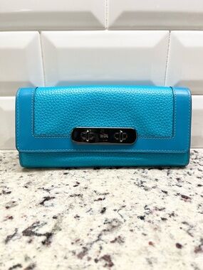 Coach Swagger Slim Envelope Pebbled Turquoise Leather Wallet EUC